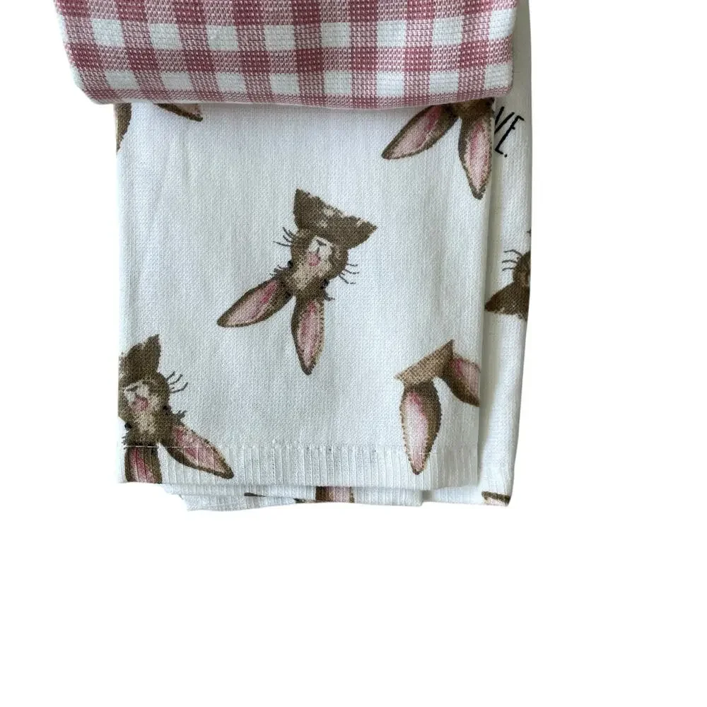 Rae Dunn Cotton Kitchen Towels BUNNY LOVE Easter Rabbit Spring Set of 3 NEW